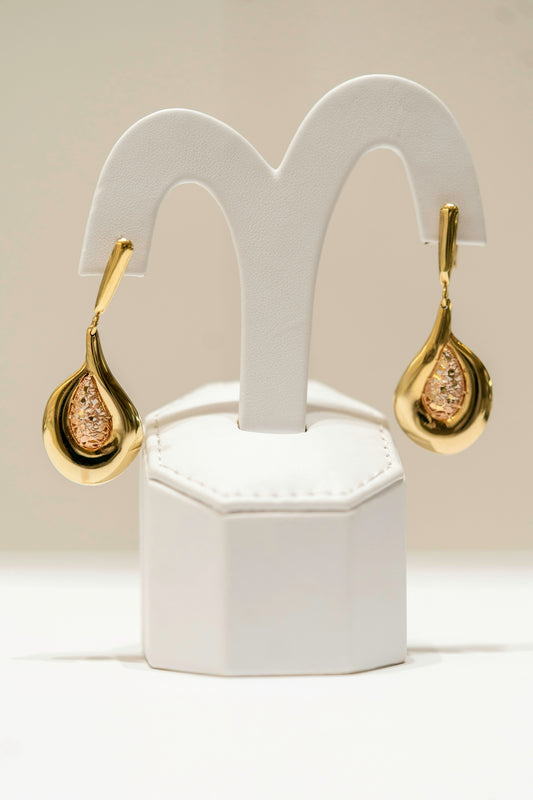 a pair of gold and diamond earrings