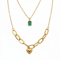 18K Gold Plated Layered Heart & Green Stone Necklace - RACHIVA