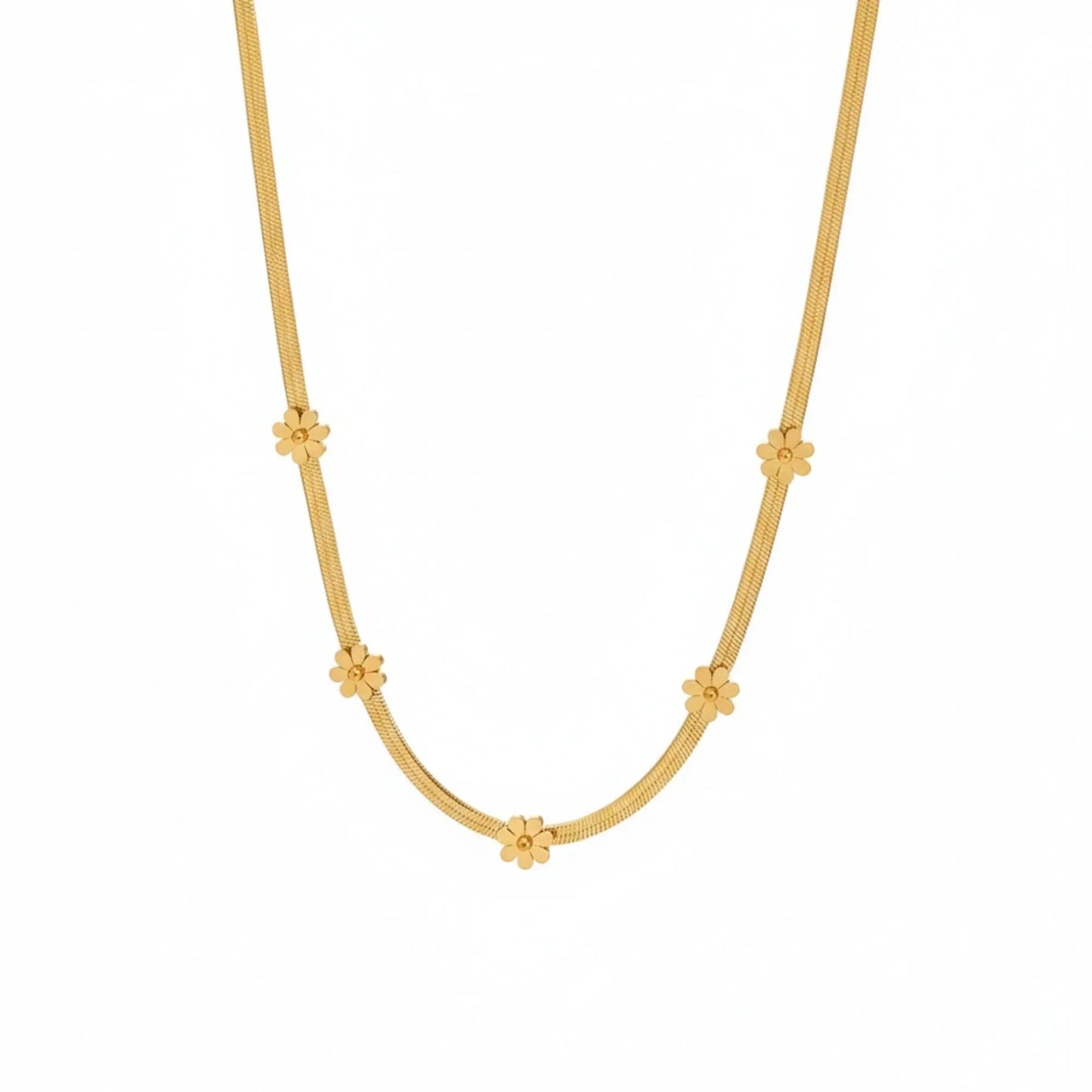 18K Gold Plated Floral Herringbone Chain Necklace - RACHIVA