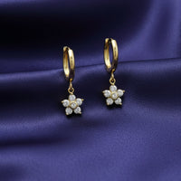 18K Gold Plated White Zircon Flower Drop Huggie Earrings