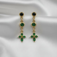 18K Gold Plated Green Stone Cross Drop Earrings - RACHIVA