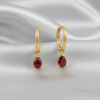 18K Gold Plated Ruby Red Zircon Pear Drop Hoop Earrings - RACHIVA