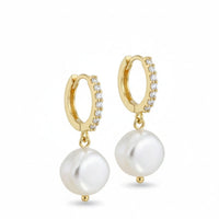18K Gold Plated Pearl Zircon Drop Hoop Earrings - RACHIVA