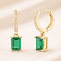 18K Gold Plated Emerald Rectangle Drop Hoop Earrings - RACHIVA