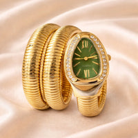 18K Gold Plated Green Dial Crystal Studded Snake Watch - RACHIVA