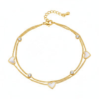 18K Gold Plated Double Chain White Shell Heart & CZ Station Bracelet