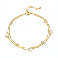 18K Gold Plated Double Chain White Shell Heart & CZ Station Bracelet - RACHIVA