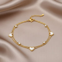 18K Gold Plated Double Chain White Shell Heart & CZ Station Bracelet