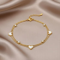18K Gold Plated Double Chain White Shell Heart & CZ Station Bracelet - RACHIVA