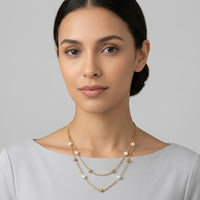 18K Gold Plated Double Layered Pearl Station Snake Chain Necklace