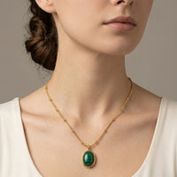 18K Gold Plated Green Malachite Oval Pendant Satellite Chain Necklace