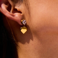 18K Gold Plated Heart CZ Bezel Stud Puffy Heart Charm Drop Earrings
