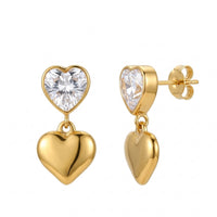 18K Gold Plated Heart CZ Bezel Stud Puffy Heart Charm Drop Earrings