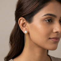 18K Gold Plated Pearl Bezel Stud Snake Chain Fringe Drop Earrings