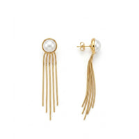 18K Gold Plated Pearl Bezel Stud Snake Chain Fringe Drop Earrings