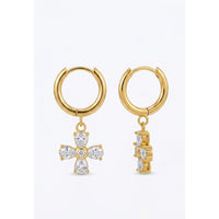 18K Gold Plated CZ Pear Cross Charm Huggie Hoop Earrings