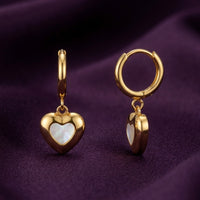 18K Gold Plated Mother of Pearl Heart Charm Huggie Hoop Earrings
