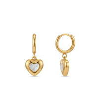 18K Gold Plated Mother of Pearl Heart Charm Huggie Hoop Earrings