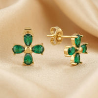 18K Gold Plated Emerald Green Pear CZ Cross Clover Stud Earrings