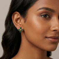 18K Gold Plated Emerald Green Pear CZ Cross Clover Stud Earrings