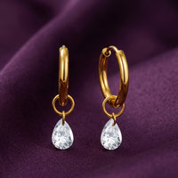 18K Gold Plated Pear CZ Solitaire Charm Hoop Earrings