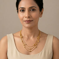 18K Gold Plated Triple Layered Snake Chain Oval Bead Station Necklace