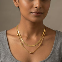 18K Gold Plated Double Herringbone Chain Oval Bead Station Necklace