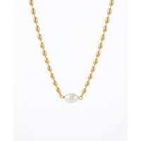 18K Gold Plated Oval Bead Chain Single Pearl Pendant Necklace