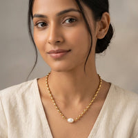 18K Gold Plated Oval Bead Chain Single Pearl Pendant Necklace