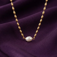 18K Gold Plated Oval Bead Chain Single Pearl Pendant Necklace