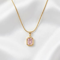 18K Gold Plated Pink Emerald-Cut CZ Bezel Pendant Snake Chain Necklace