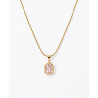 18K Gold Plated Pink Emerald-Cut CZ Bezel Pendant Snake Chain Necklace