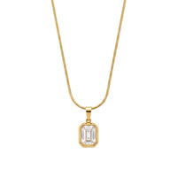 18K Gold Plated White Emerald-Cut CZ Bezel Pendant Snake Chain Necklace