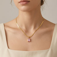 18K Gold Plated Pink Emerald-Cut CZ Four-Prong Pendant Herringbone Chain Necklace