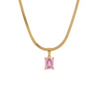 18K Gold Plated Pink Emerald-Cut CZ Four-Prong Pendant Herringbone Chain Necklace
