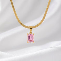 18K Gold Plated Pink Emerald-Cut CZ Four-Prong Pendant Herringbone Chain Necklace
