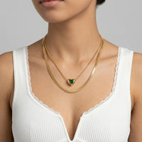 18K Gold Plated Double Herringbone Chain Green Heart CZ Slider Necklace