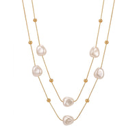 18K Gold Plated Double Layer Baroque Pearl & Ball Station Necklace