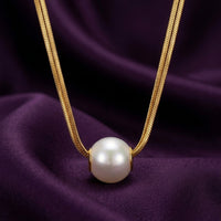18K Gold Plated Double Herringbone Chain Single Pearl Slider Necklace