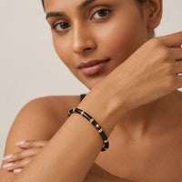 18K Gold Plated Black Enamel Gold Station Stretch Bangle Bracelet