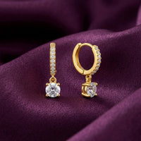 18K Gold Plated CZ Pave Huggie with Round Solitaire Drop Earrings