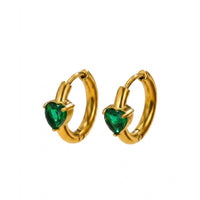 18K Gold Plated Green Heart CZ Drop Huggie Earrings