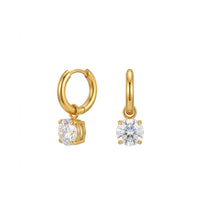 18K Gold Plated Large Round CZ Solitaire Drop Huggie Earrings