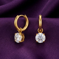 18K Gold Plated Large Round CZ Solitaire Drop Huggie Earrings