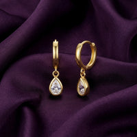 18K Gold Plated Plain Huggie with Bezel Pear CZ Drop Earrings