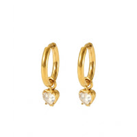 18K Gold Plated Clear Heart CZ Prong Drop Huggie Earrings