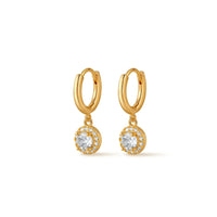 18K Gold Plated Round Halo CZ Drop Huggie Earrings
