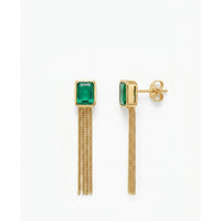 18K Gold Plated Emerald Green CZ Bezel Stud with Gold Tassel Chain Earrings
