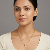 18K Gold Plated Double Layer Satellite & CZ Solitaire Necklace