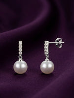925 Sterling Silver Pearl Drop CZ Bar Earrings